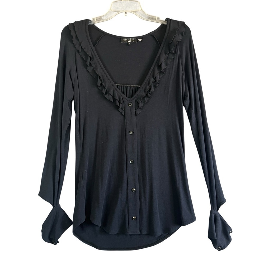HOMEBODY Long Sleeve Loungewear Top Peekaboo Wrist Ruffle Jewel Buttons Size L - Picture 2 of 11